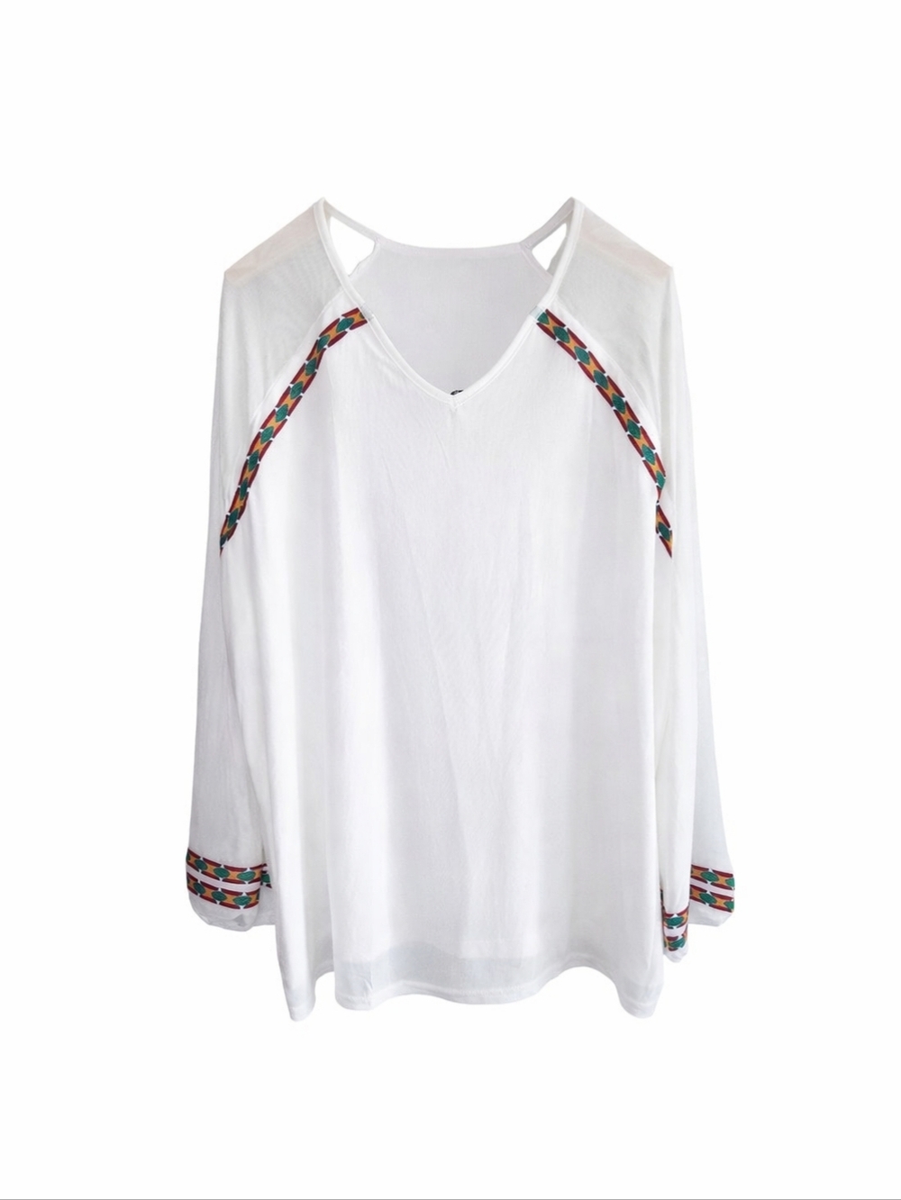 Two Fly 2Fly White Embroidered Boho Blouse 2X NWT Colorful Trim Peasant Top Plus - Picture 2 of 10